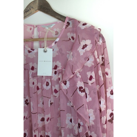 Lucky Brand Mauve Pink Boho Semi Sheer Floral Print Top Ruffle Detailing FLAW - Picture 3 of 11